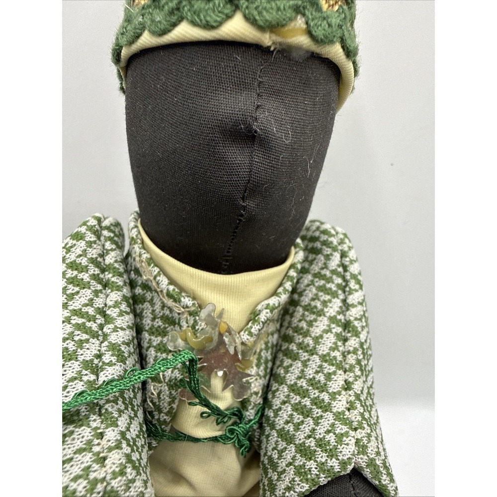 Vintage Handmade Folk Art Black Cloth Doll Green Tweed Coat Dress Cup of Candy - Picture 4 of 12